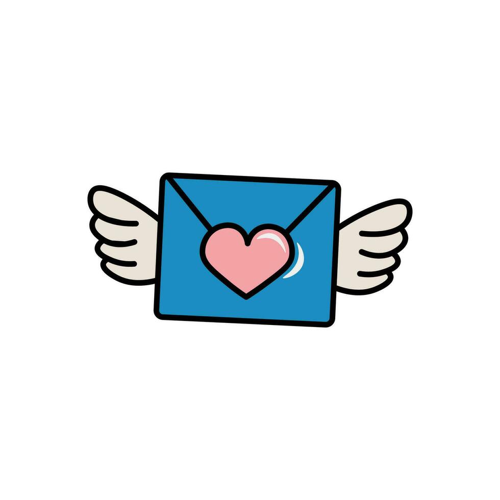 Flying envelope with heart stamp and wings in groove style on white background. Valentine's Day. Stock vector clipart.