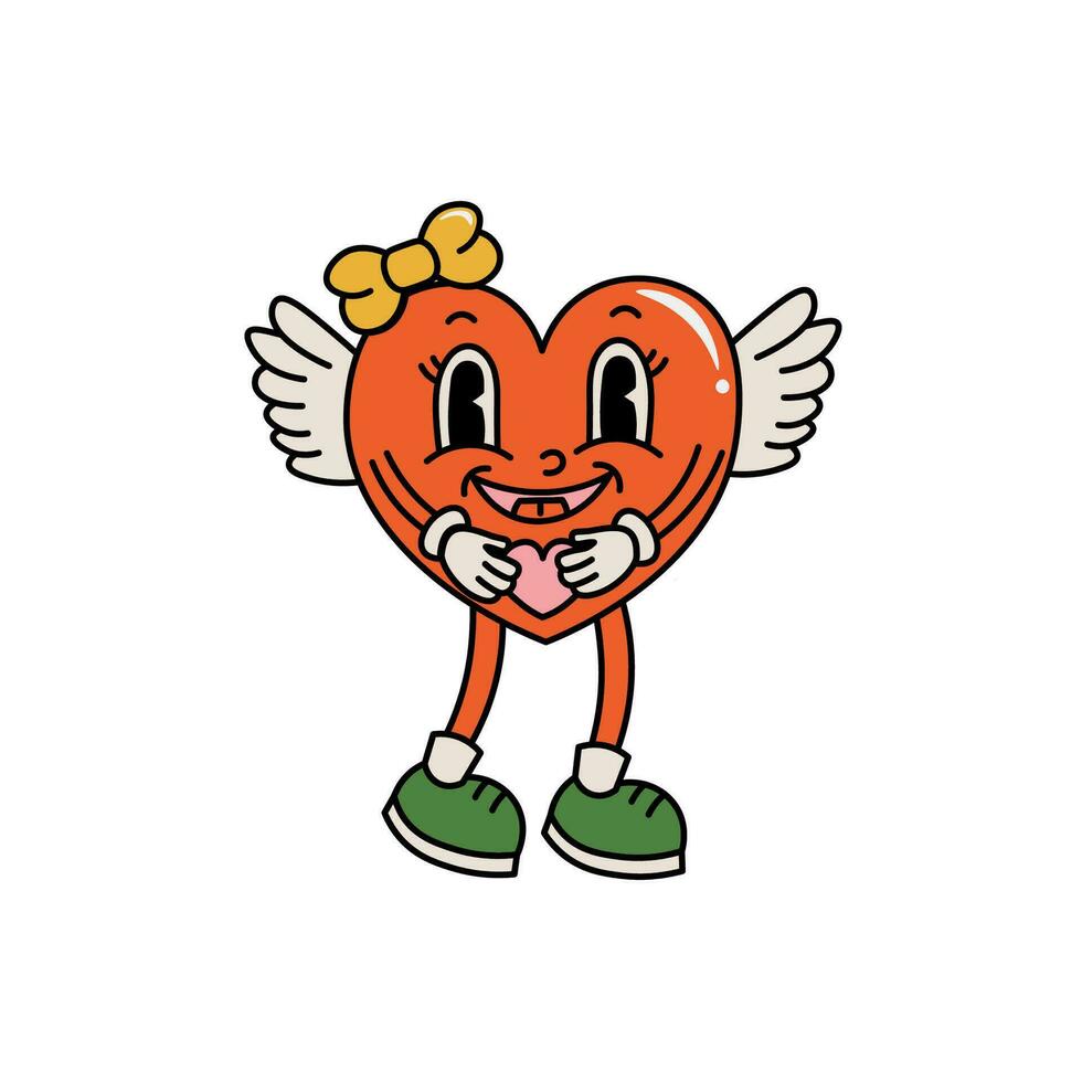 corazón personaje con alas en retro ranura estilo. 60s y 70s estilo. San Valentín día. soltero aislado imagen en un blanco antecedentes. valores ilustración. vector