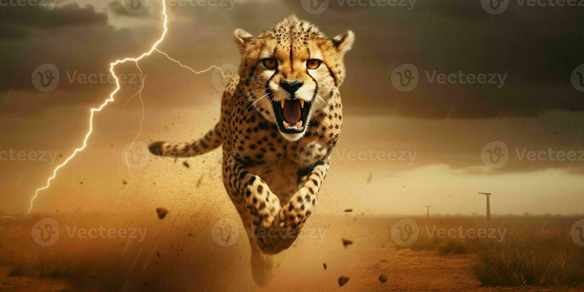 AI generated A Cheetah Sprinting in the Desert with Thunderstorm Behind. Generative AI photo