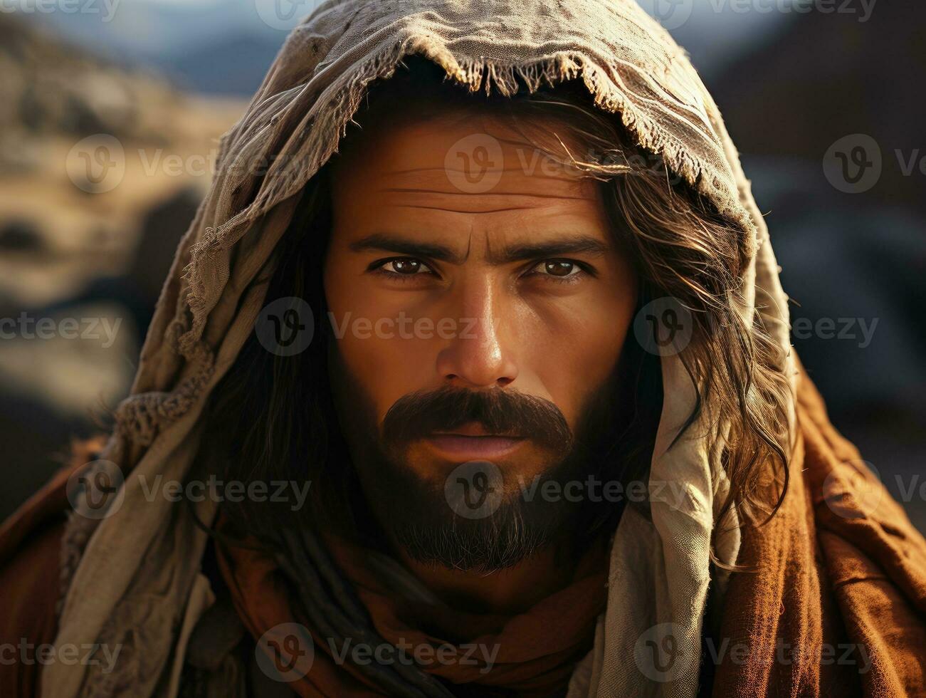 ai generado un barbado y de pelo largo medio oriental hombre vistiendo un Pañuelo en el desierto. generativo ai foto