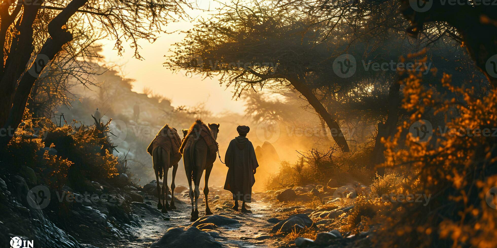 ai generado medio oriental hombre con su camellos en el Desierto a puesta de sol. generativo ai foto