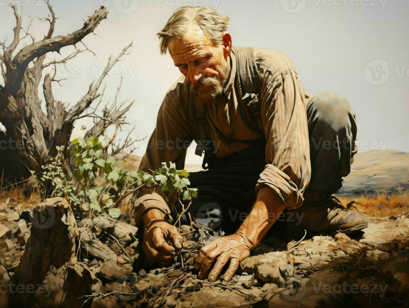 AI generated Close up of a man planting a tree or gardening. Generative AI photo