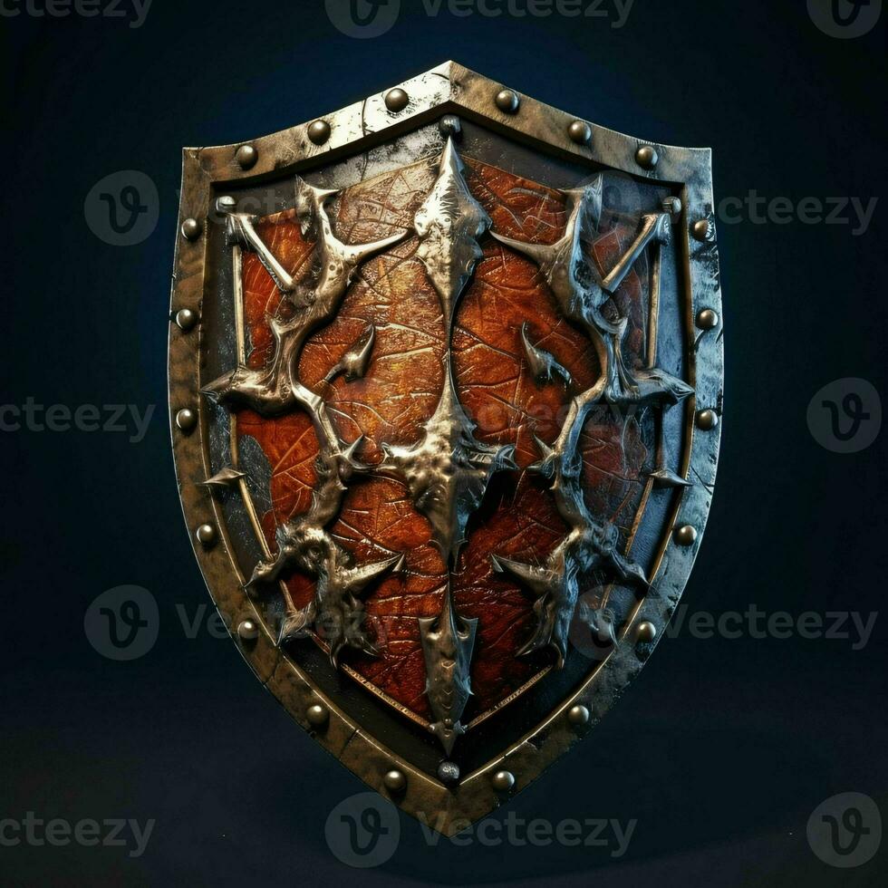 AI generated Rusty Medieval Shield with War Torn Effect Isolated on Black Background. Generative AI photo