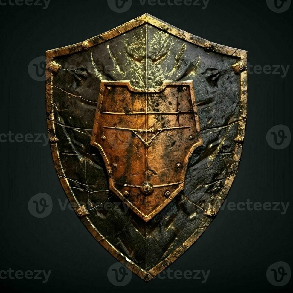 AI generated Rusty Medieval Shield with War Torn Effect Isolated on Black Background. Generative AI photo