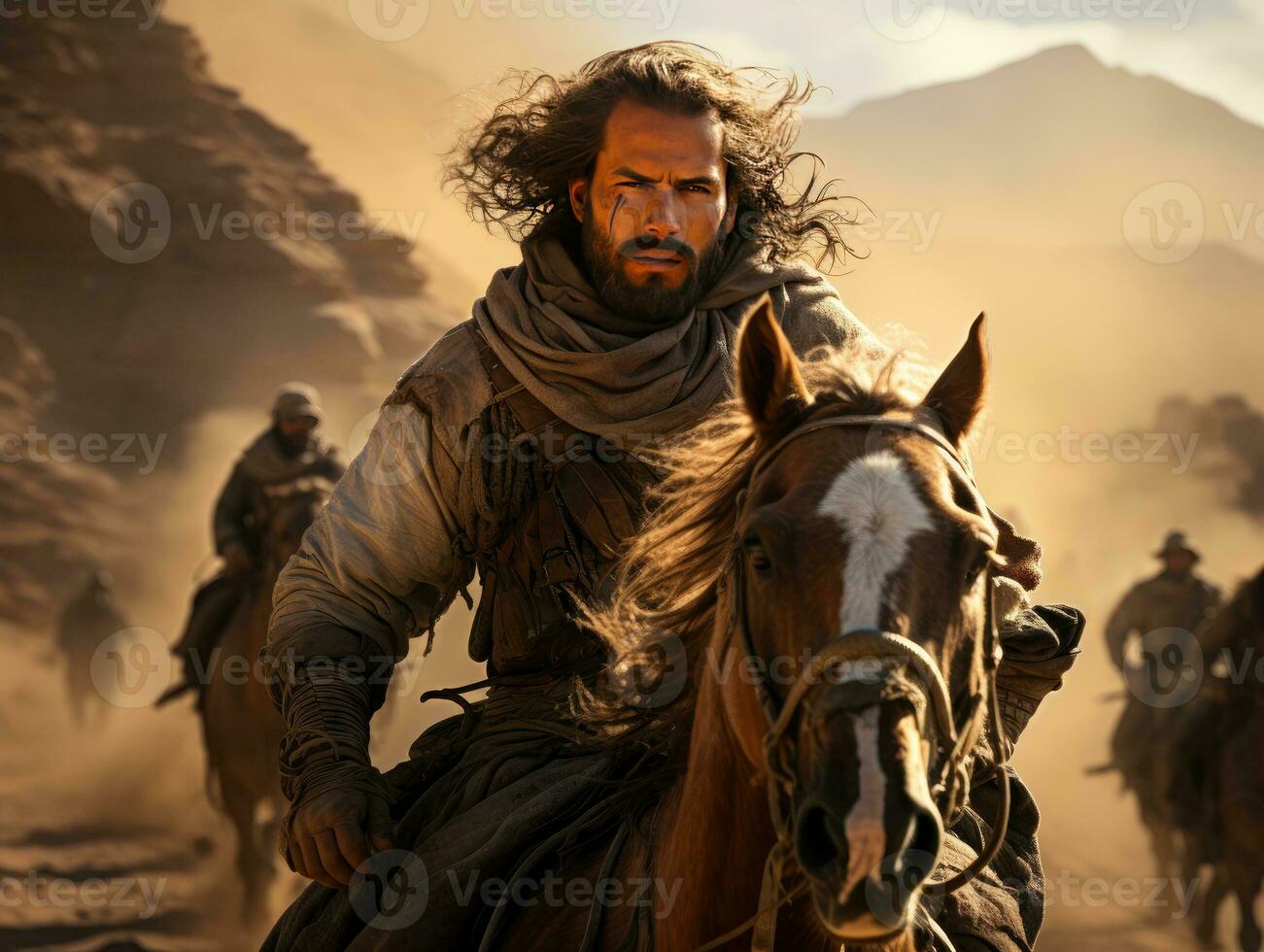 AI generated Middle Eastern man riding a horse in the desert. Arabian man riding horse. Generative AI photo