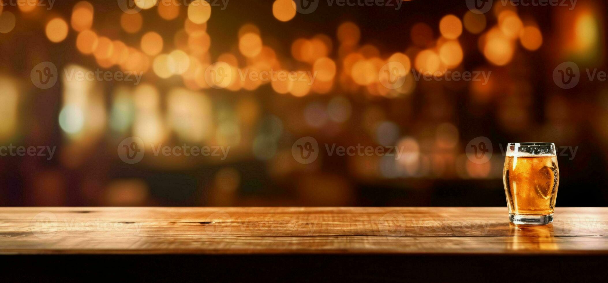 AI generated Empty Wooden Table with Bokeh Cafe Background and Golden Lights. Generative AI photo