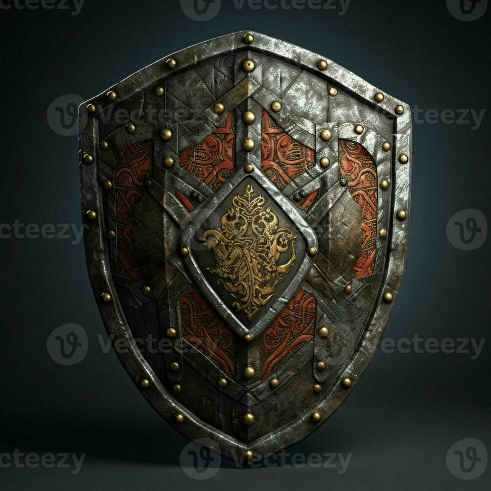 AI generated Rusty Medieval Shield with War Torn Effect Isolated on Black Background. Generative AI photo