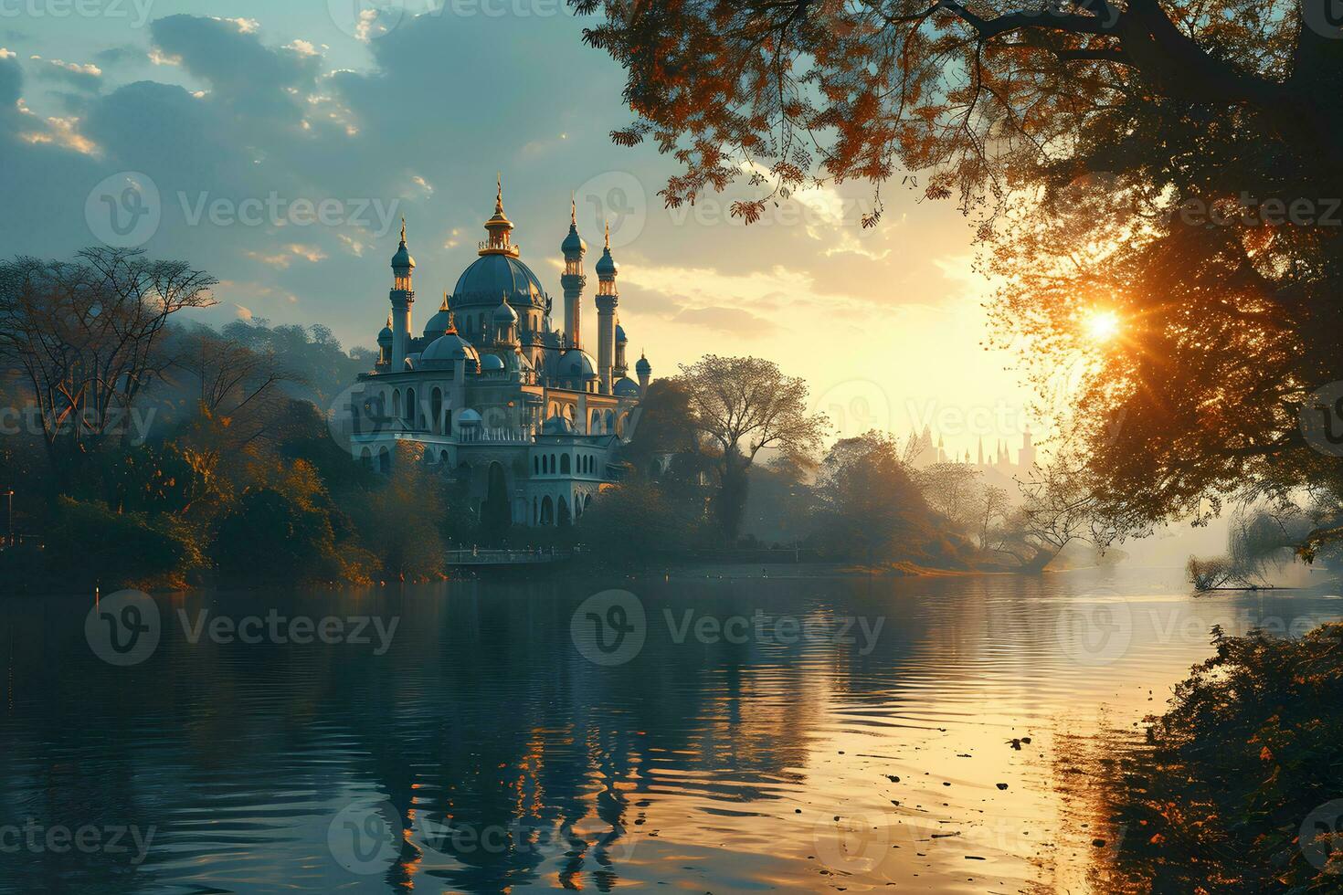 AI generated A Magnificent Mosque with a Beautiful Sky View at Sunset. Generative AI photo