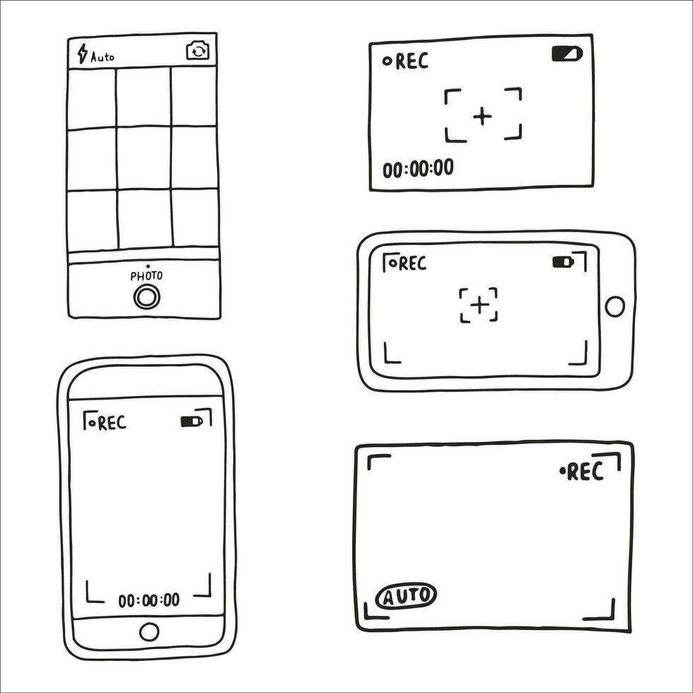 Camera viewfinder application interface on smartphone, screen. Movie mode. Doodle style sketch. Vector illustration.