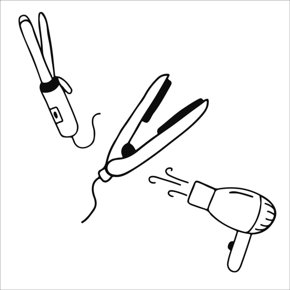 Set of haird tools. Hair dryer, hair straightener, curling iron. Line vector illustrations.