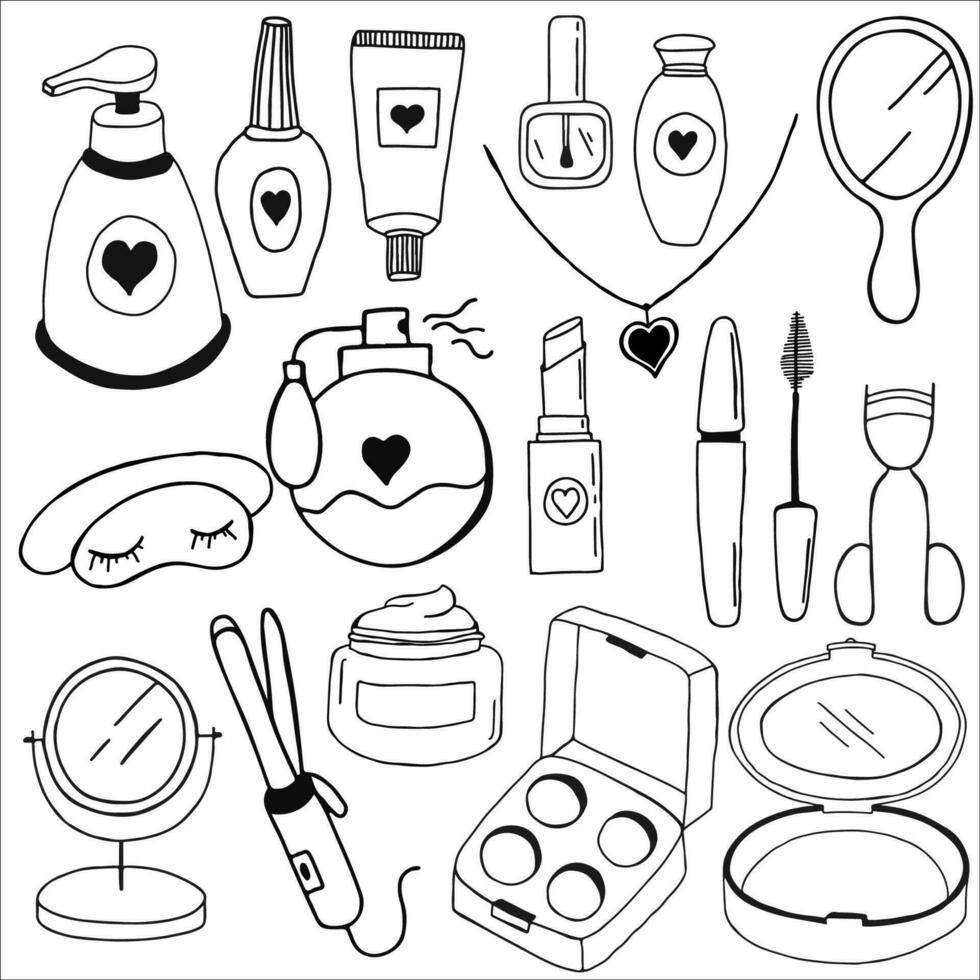 Doodle illustration of cosmetic and make up tools such as brush, lipstick, mascara, cream, nail polish, ointment, comb etc. Black and white line illustration. vector