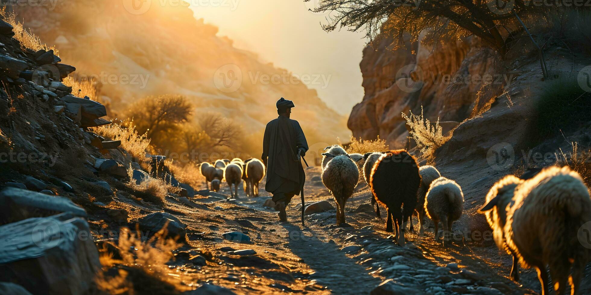 ai generado un medio oriental hombre manadas un rebaño de oveja en un Desierto Valle a puesta de sol. generativo ai foto