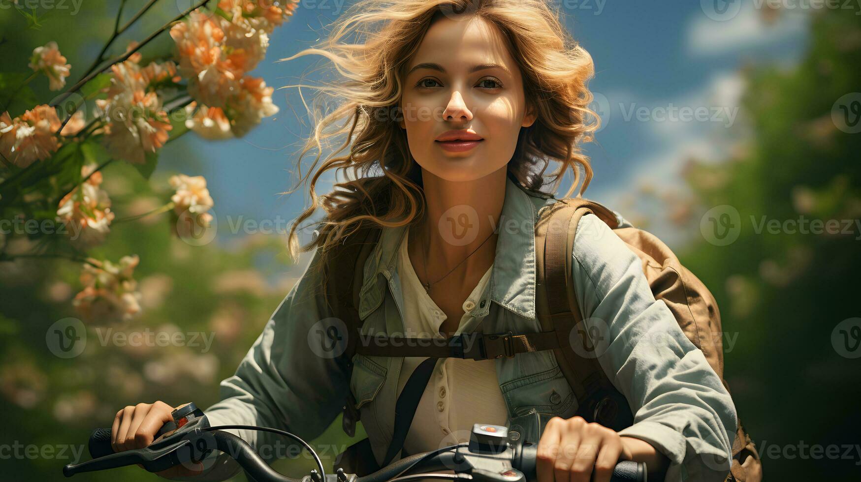 AI generated Beautiful and Happy Young Woman Traveling in Nature with Her Backpack. Generative Ai photo
