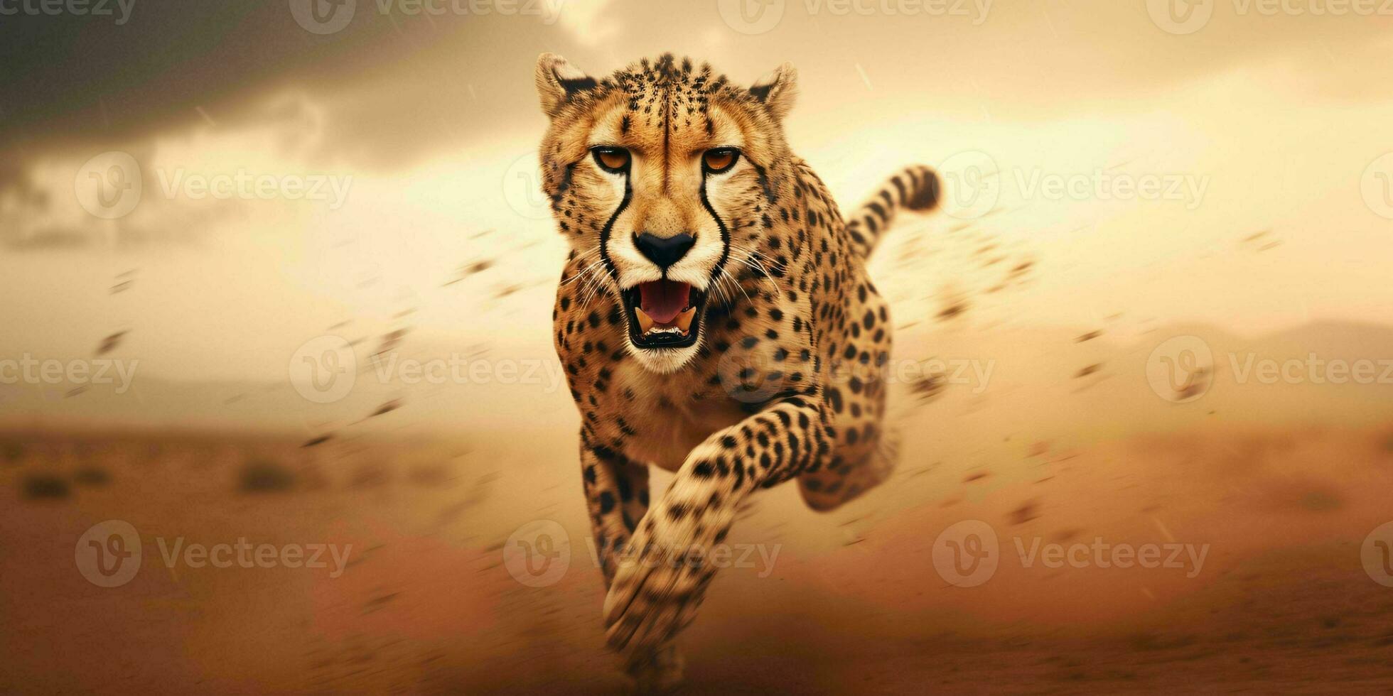 AI generated A Cheetah Sprinting in the Desert with Thunderstorm Behind. Generative AI photo