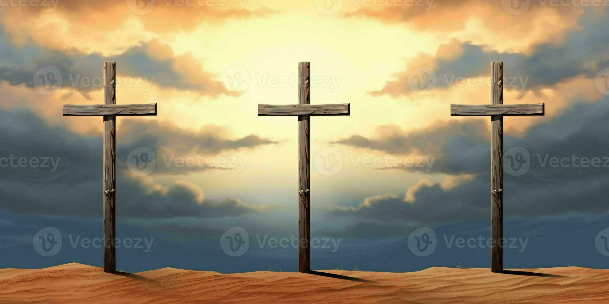 AI generated Three Crosses on a Rocky Desert Hill. Resurrection Of Jesus Christ. Generative AI photo