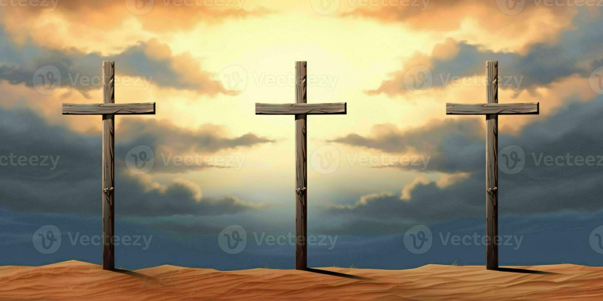 ai generado Tres cruces en un rocoso Desierto colina. Resurrección de Jesús Cristo. generativo ai foto