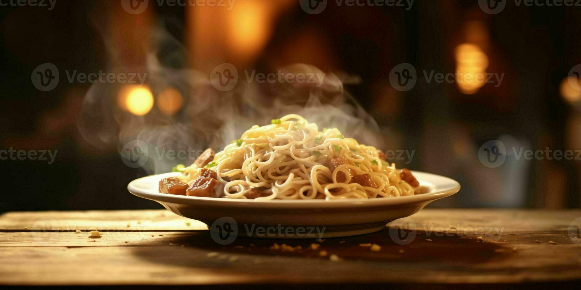 ai generado delicioso frito fideos con ahumado efecto en un de madera mesa. generativo ai foto