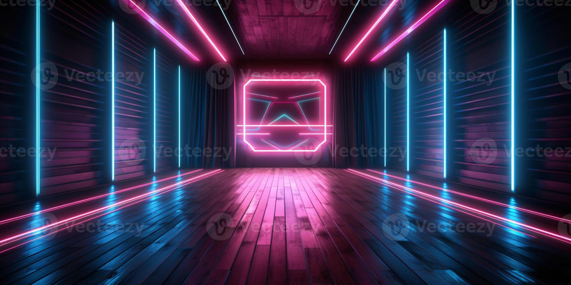 AI generated Modern Dark Room with Glowing Neon Lines with Retro 80s Style. Futuristic Interior with Laser Effect. Generative AI photo