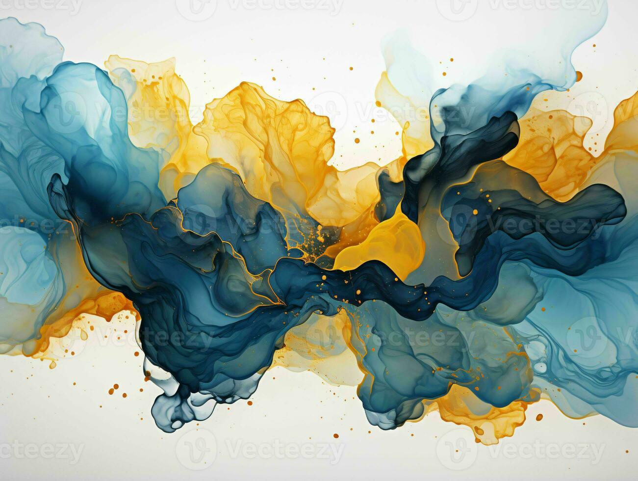 AI generated Blue and Gold Paint Splash and Texture on White Background. Paint Stain. Generative AI photo