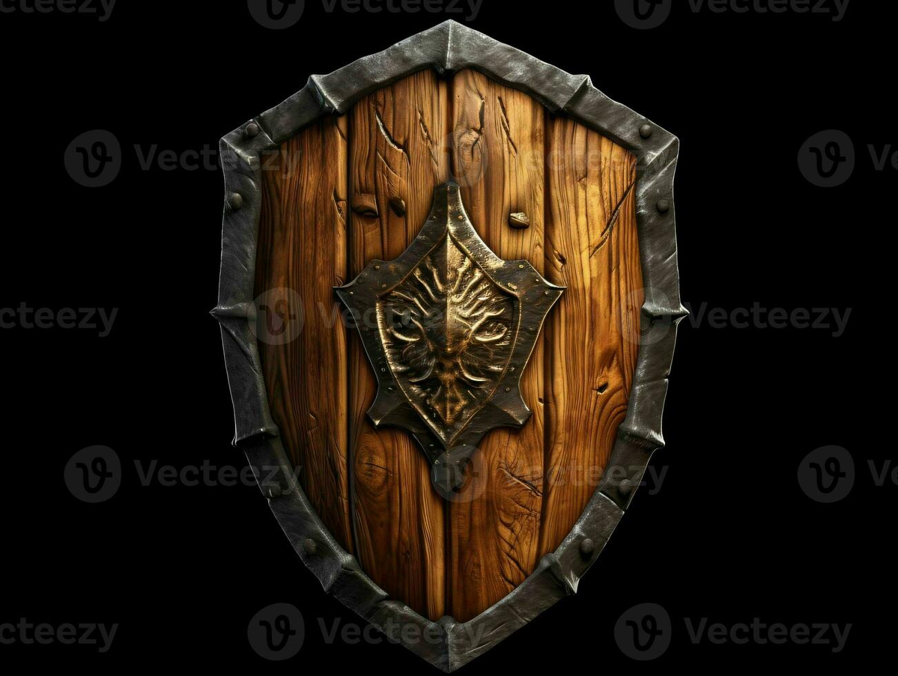 AI generated Medieval Wooden Shield with War Torn Mark. Generative AI photo