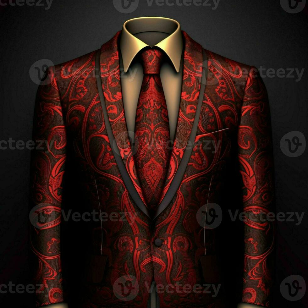 AI generated Luxury and  Elegant Red Men's Suit with Abstract Motif Isolated on Black Background. Generative AI photo