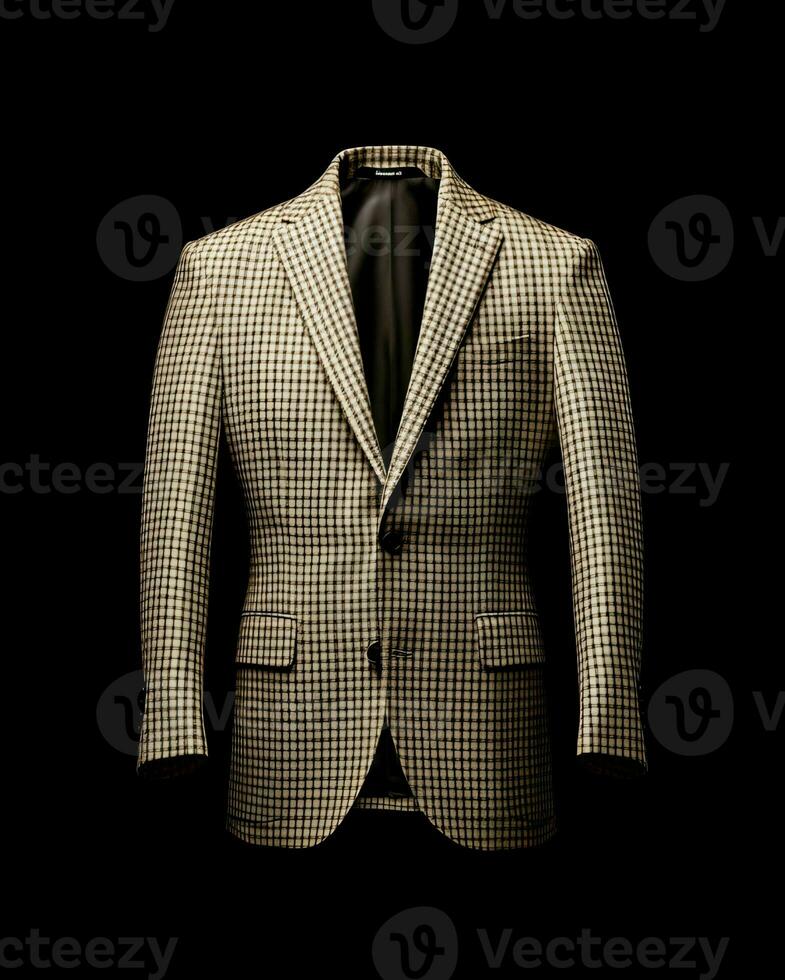 AI generated Elegant Beige Men's Suit with Gingham Motif Isolated on Black Background. Generative AI photo