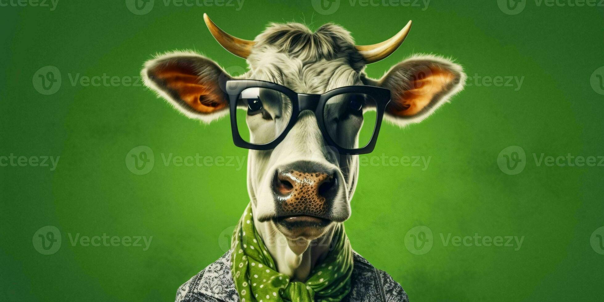 AI generated Portrait of Cool and Funny Cow Wearing Glasses in Studio Background. Generative AI photo