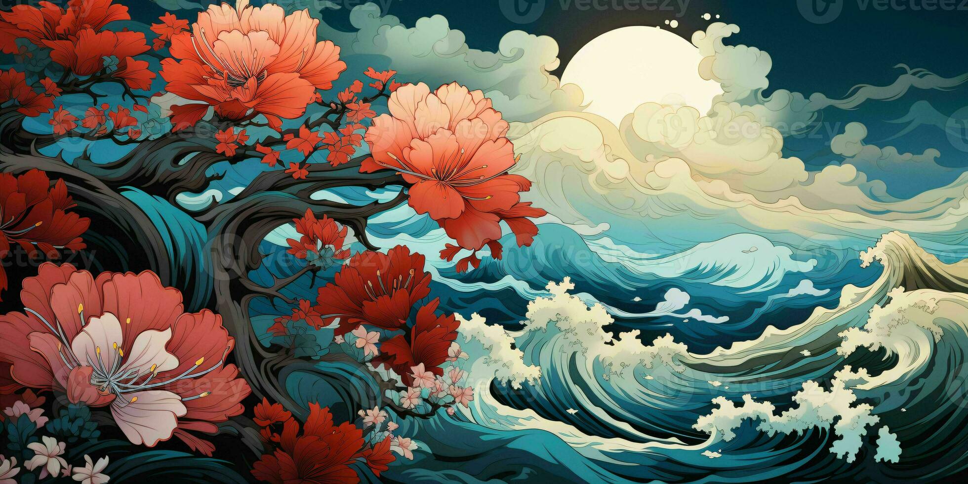 AI generated Beautiful Flower and Wave Background with Hokusai Art Style. Generative AI photo
