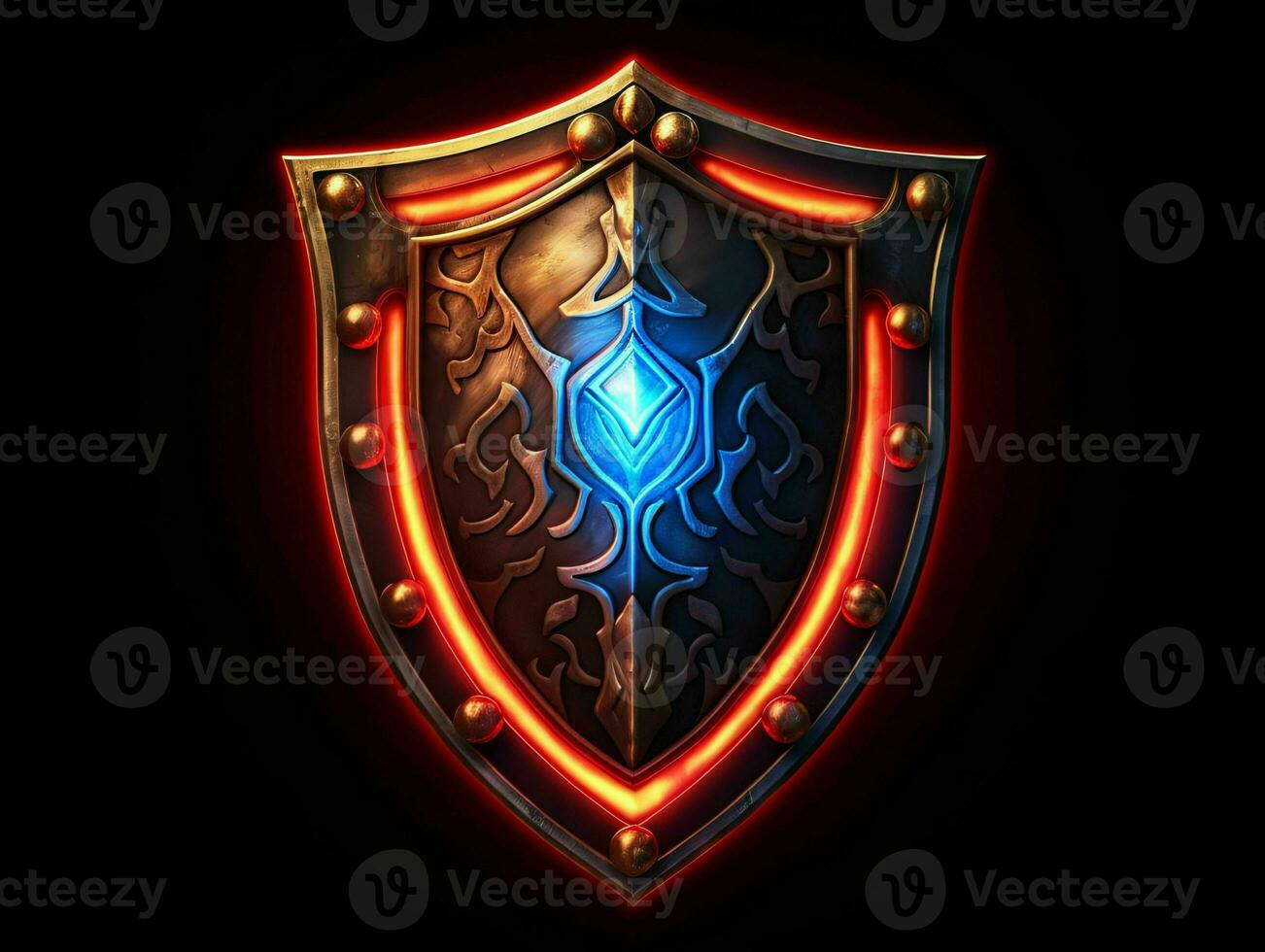 AI generated Fantasy Medieval Shield Isolated on Black Background. Shield with Game Style. Generative AI photo