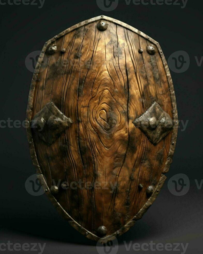 AI generated Medieval Wooden Shield with War Torn Mark. Generative AI photo