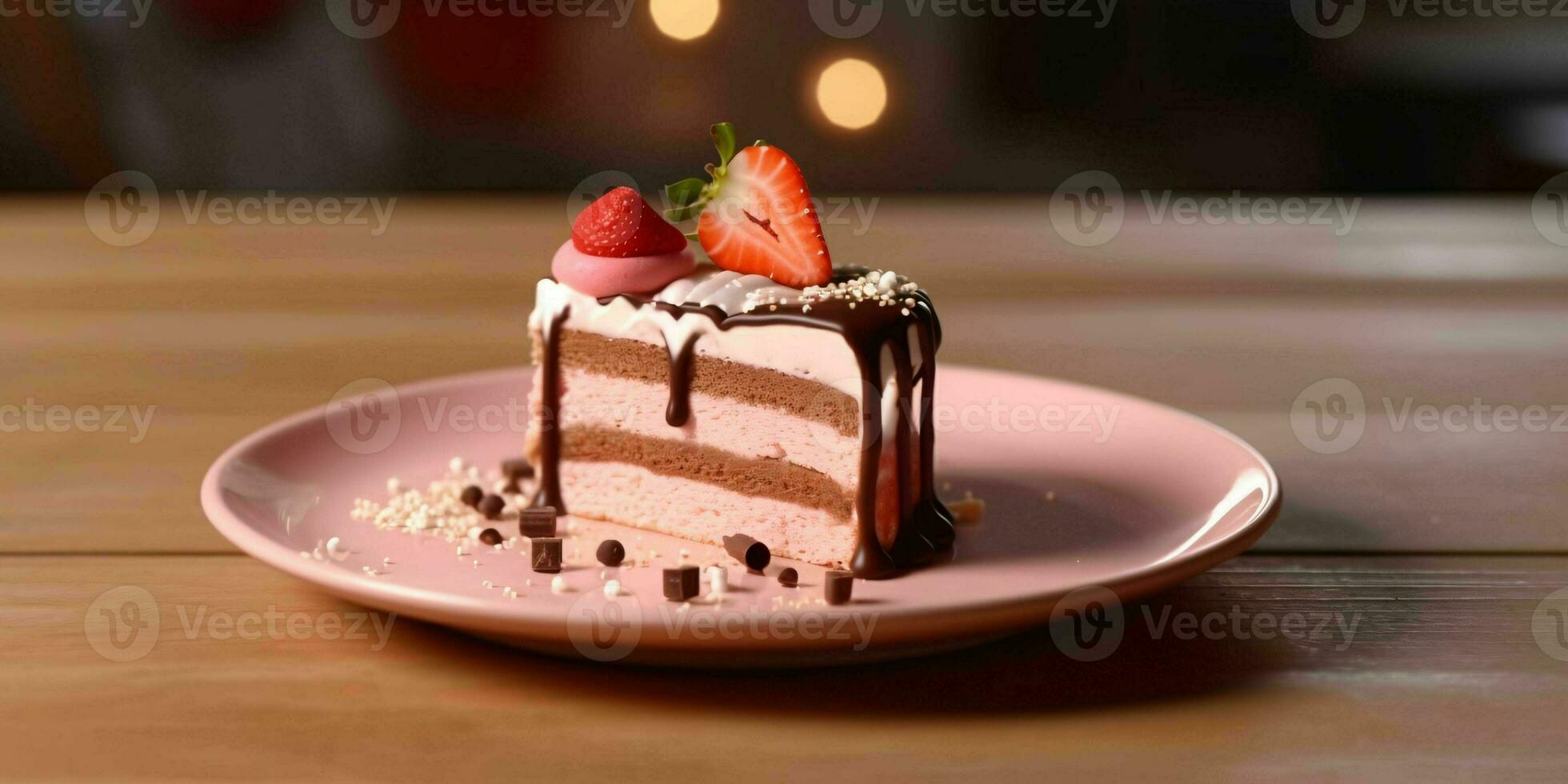 AI generated A Slice of Sweet Pink Cake with Strawberries and Cream on Top. Generative AI photo