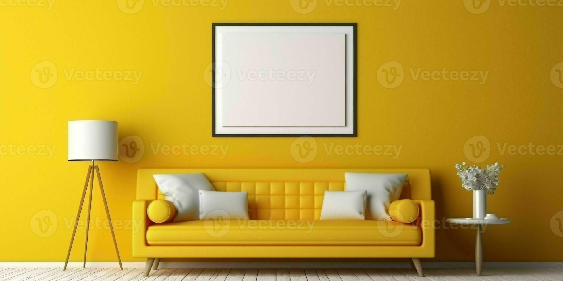 AI generated Minimalist Yellow Living Room Interior Design with Blank White Picture Frame Mockup. Generative AI photo