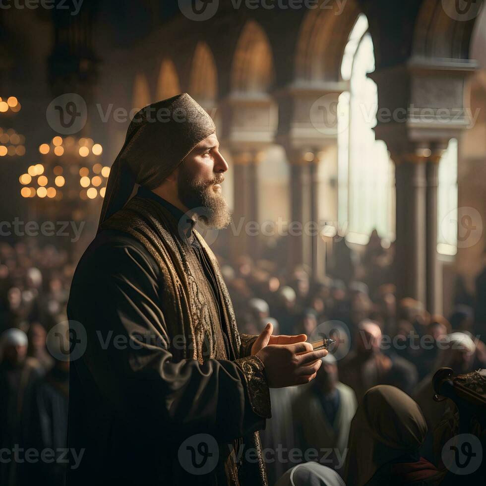 ai generado islámico imán conduce un sermón a el mezquita. musulmán imán predicación a el personas en el mezquita. generativo ai foto