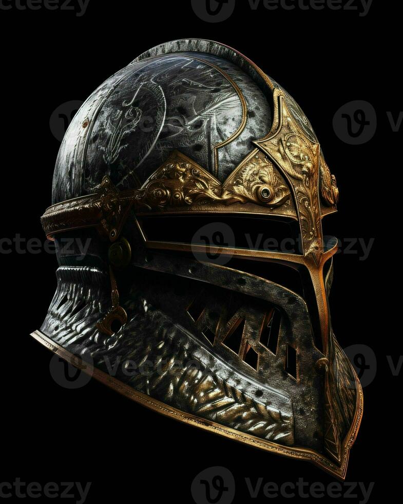 AI generated Iron Medieval War Helmet Isolated on Black Background. Generative AI photo