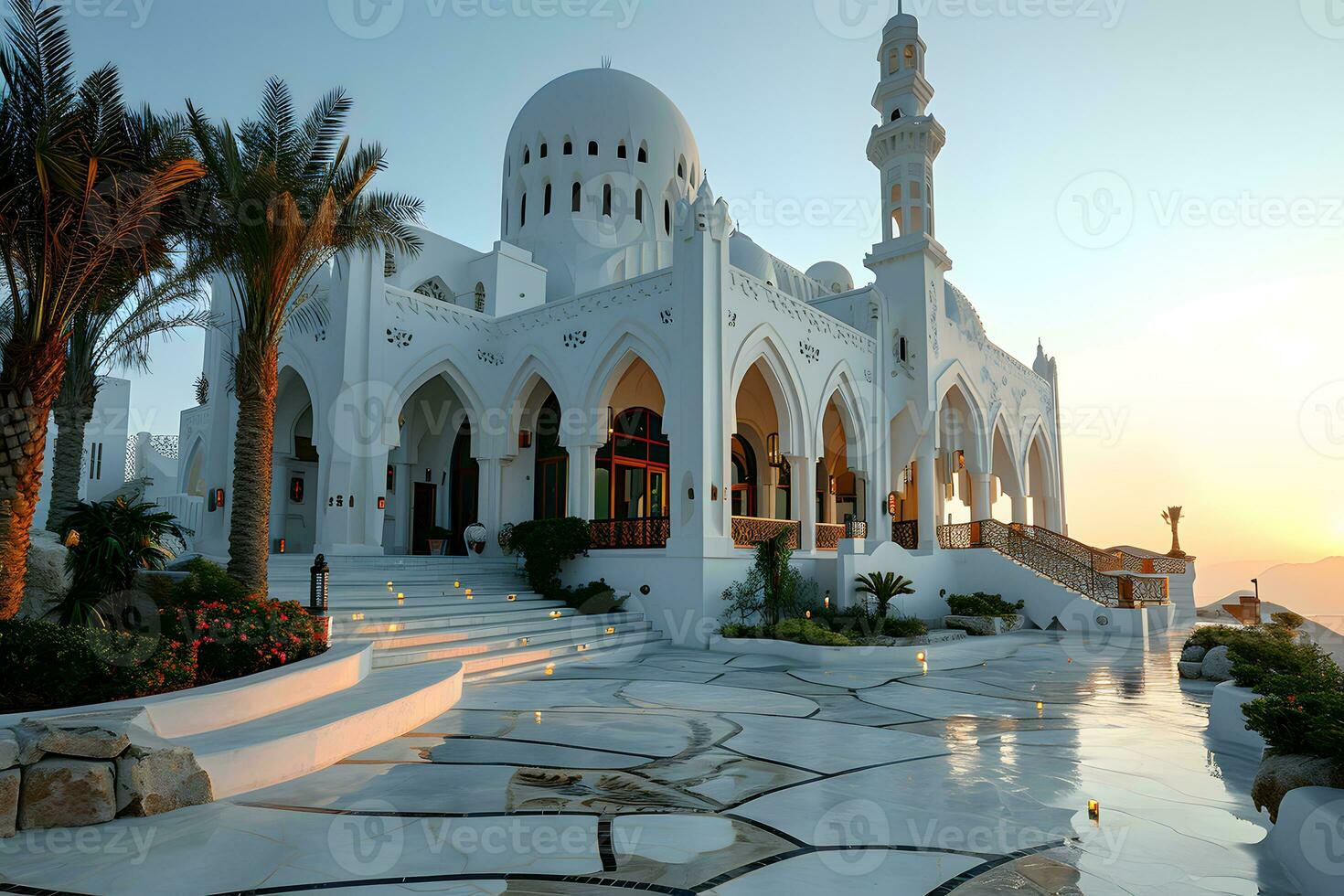 AI generated Beautiful Minimalist White Mosque in the Desert with Palm Tree and Sky Views. Generative AI photo