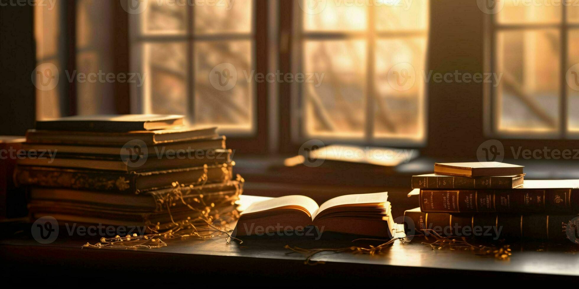 AI generated Stack of Books on a Wooden Table with Window and Sunlight in the Background. Generative AI photo