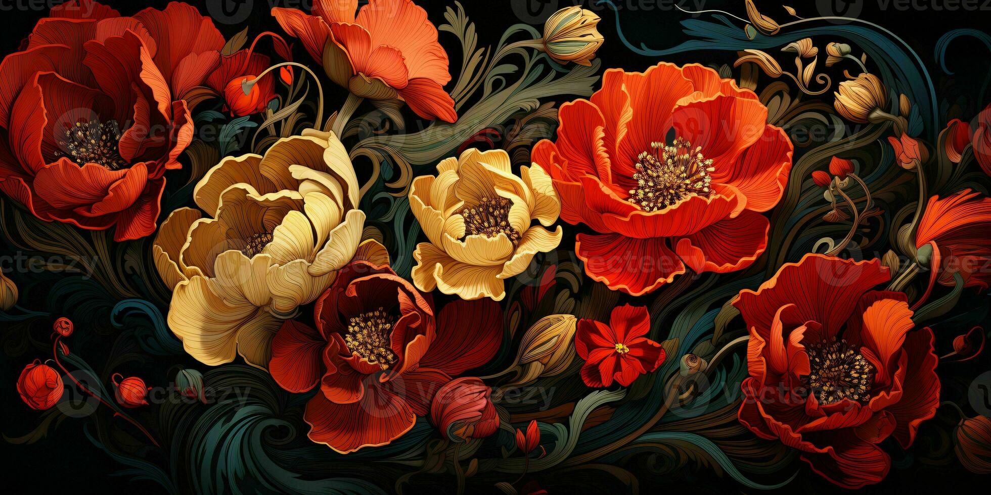 AI generated Beautiful and Elegant Flowers Bloom in Nouveau Art Style. Floral Illustration. Generative AI photo