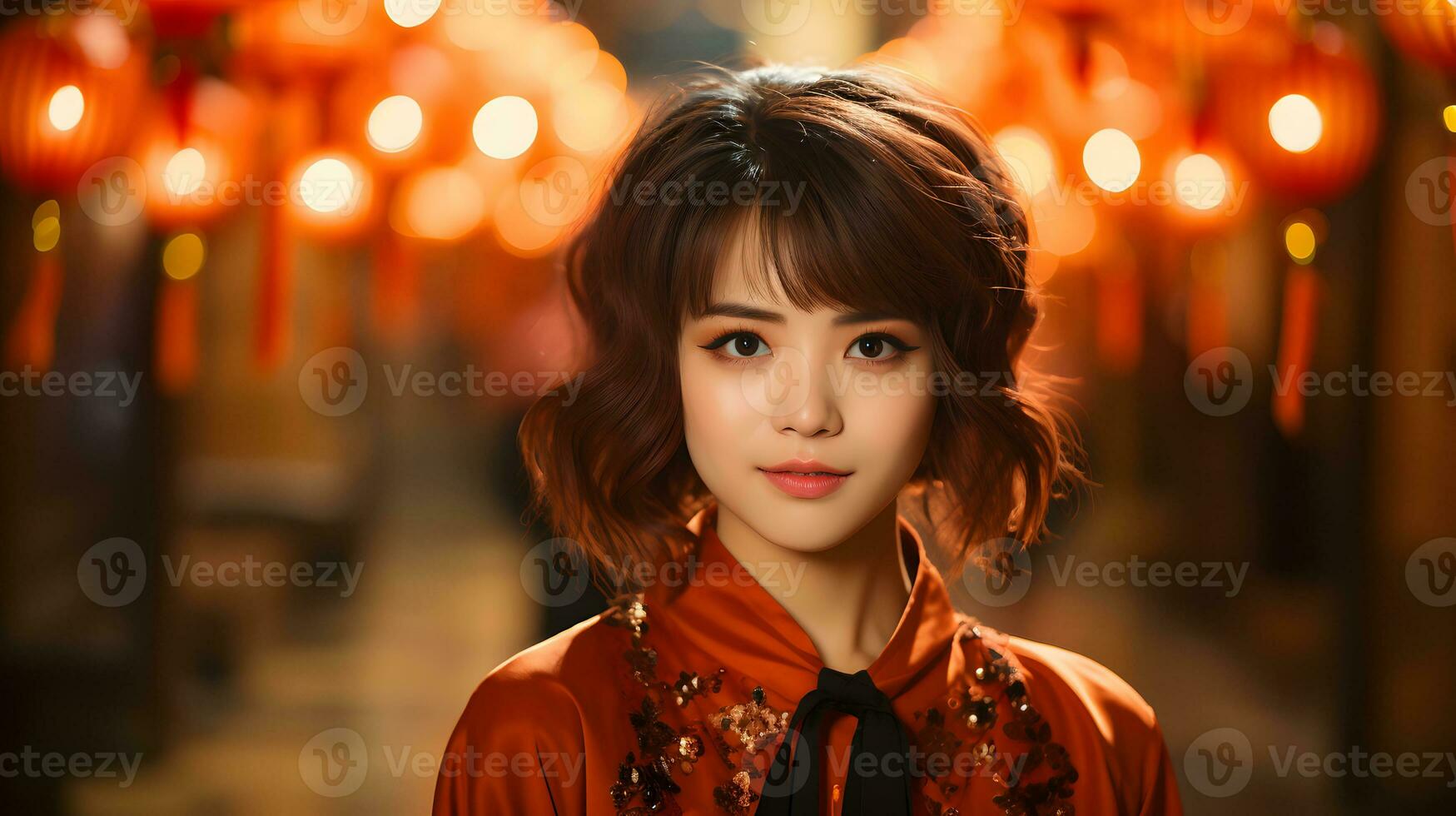 AI generated Beautiful Short Haired Asian Woman in Traditional Dress with Blurred Lantern Background. Asian Women Celebrate the Lunar New Year Festival. Generative Ai photo