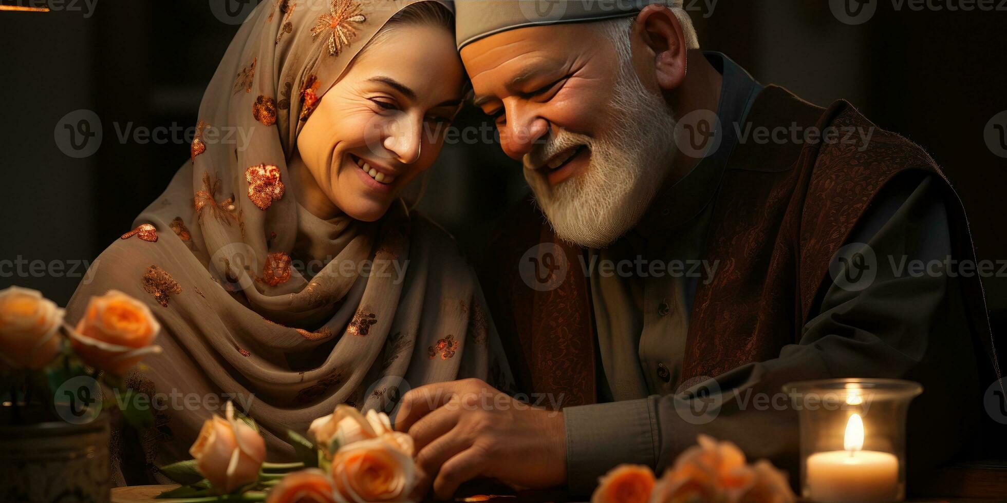 AI generated Happy and Romantic Old Muslim Couple. Generative Ai photo