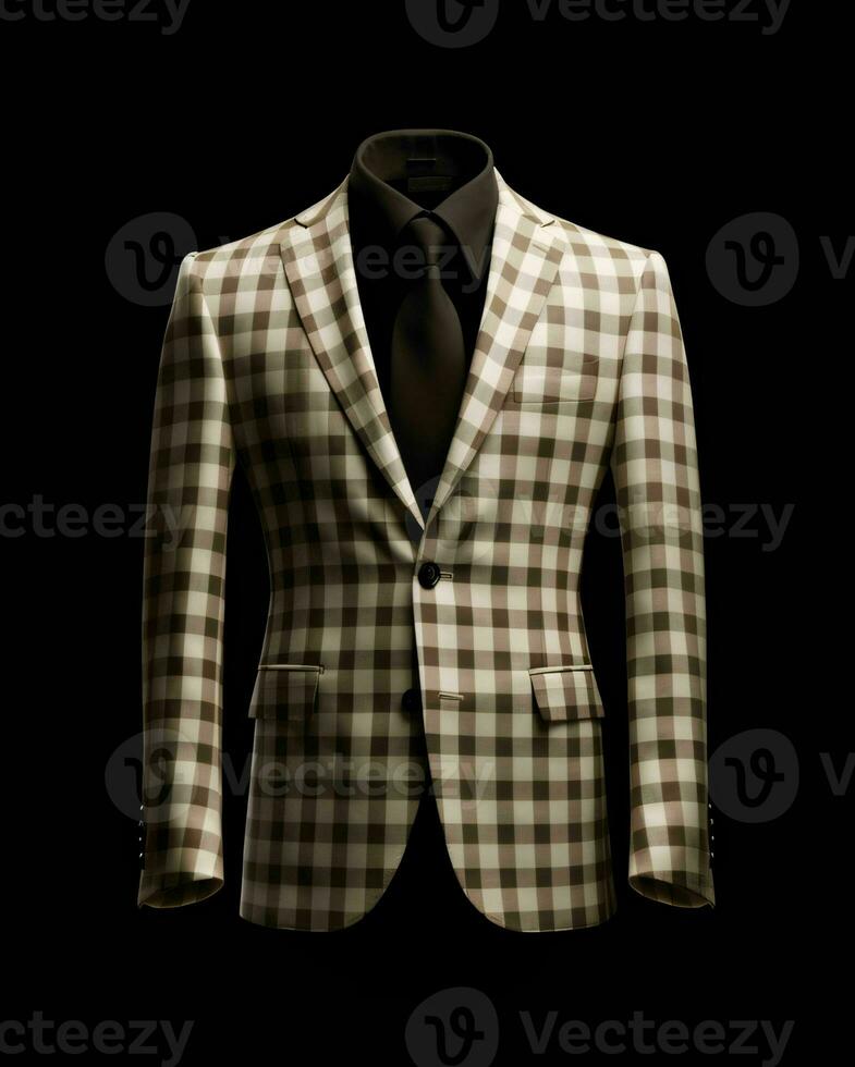 AI generated Elegant Beige Men's Suit with Gingham Motif Isolated on Black Background. Generative AI photo