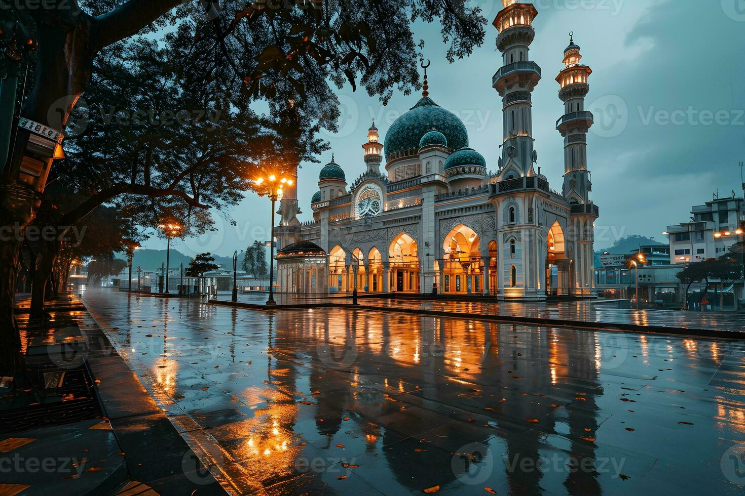 AI generated Beautiful mosque with an atmosphere after the rain, in the afternoon. Generative AI photo