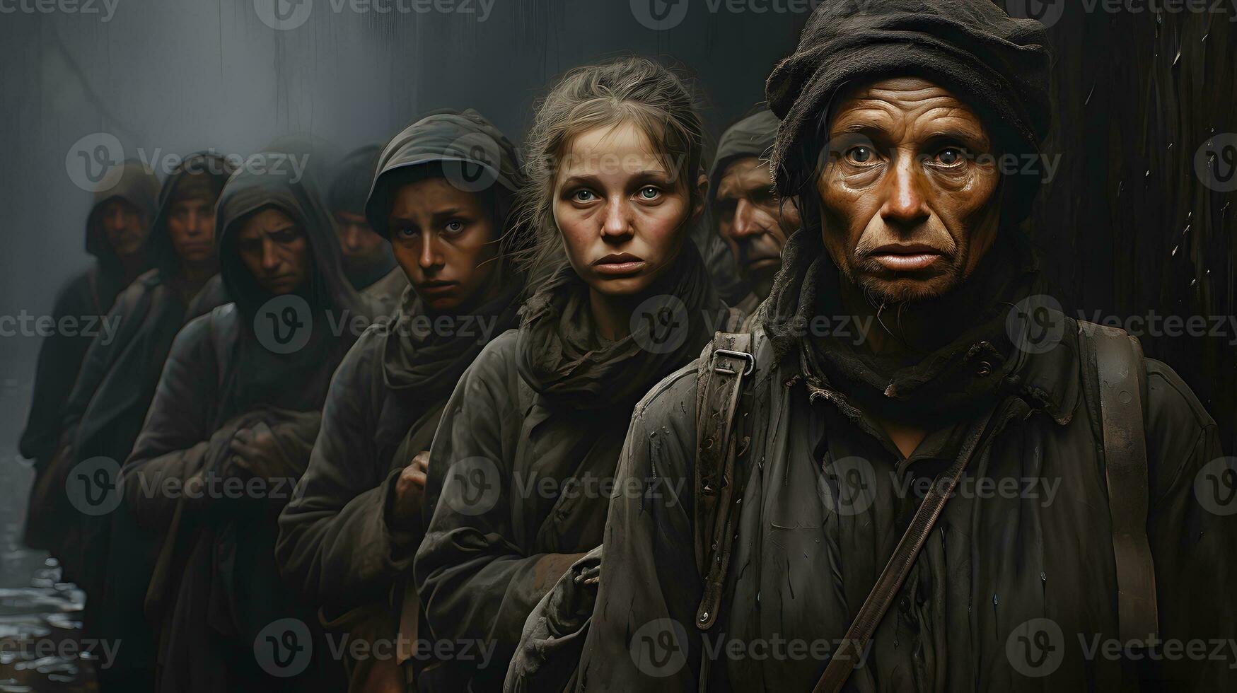 AI generated Portrait of refugees and migrants on foot. Civilian refugees affected by war aggression. Generative Ai photo