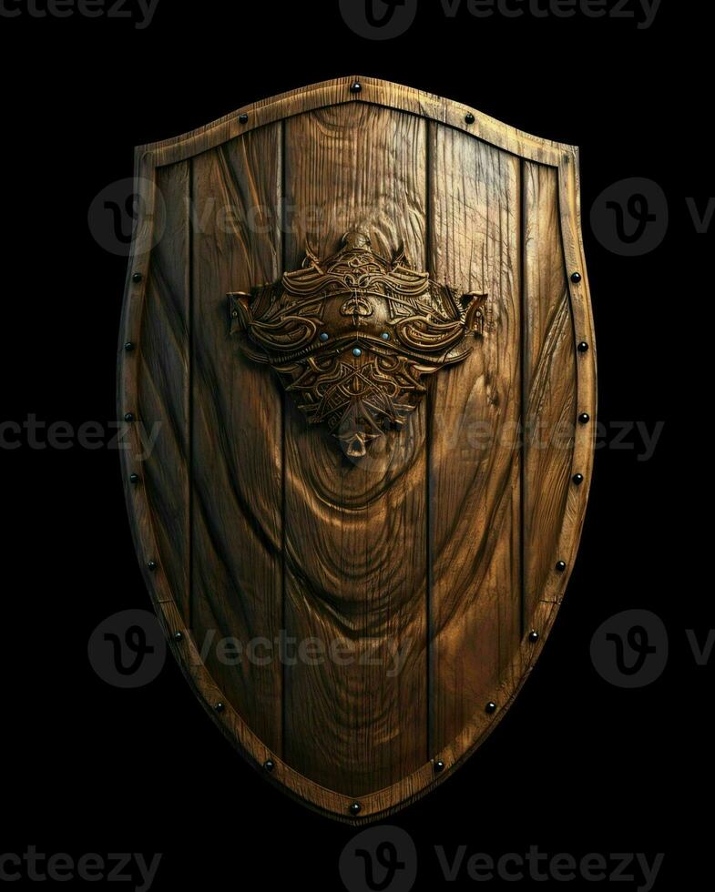 AI generated Medieval Wooden Shield with War Torn Mark. Generative AI photo