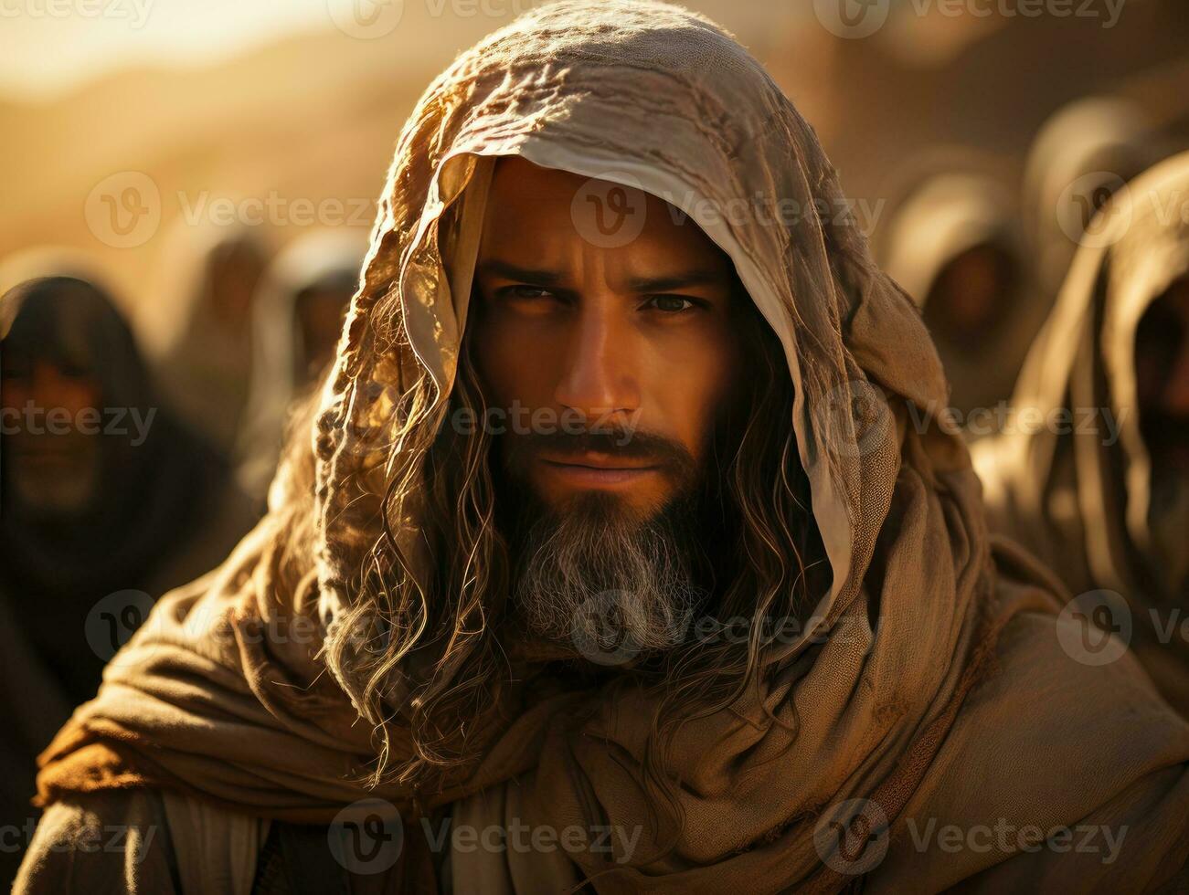 ai generado un barbado y de pelo largo medio oriental hombre vistiendo un Pañuelo en el desierto. generativo ai foto