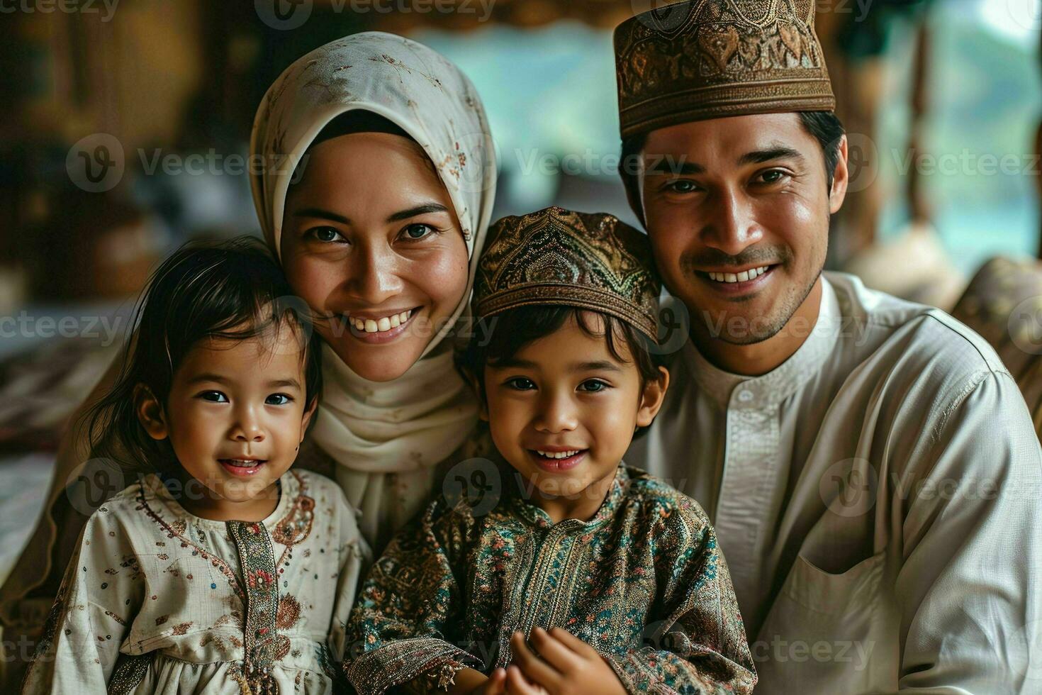 AI generated Portrait of a Happy Asian Muslim Family in Traditional Clothes. Generative AI photo