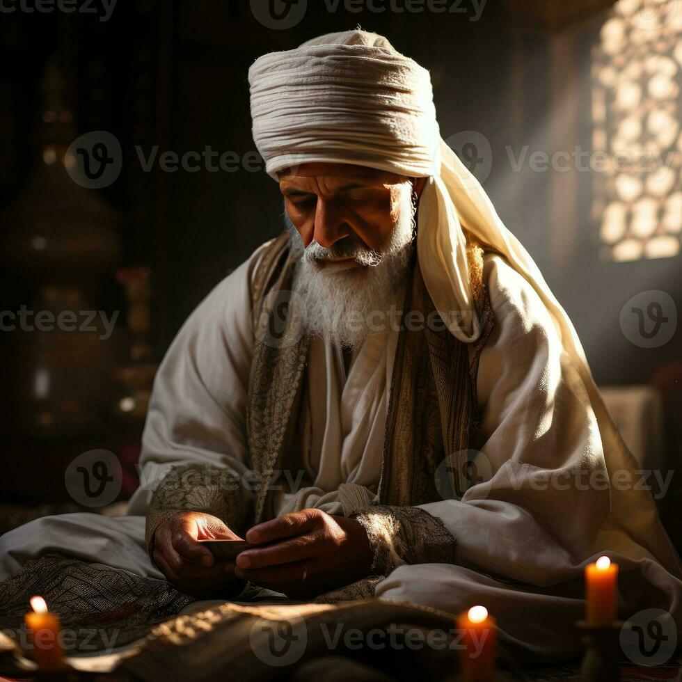 AI generated An elderly Muslim man reads the Al Quran by candlelight. Generative Ai photo