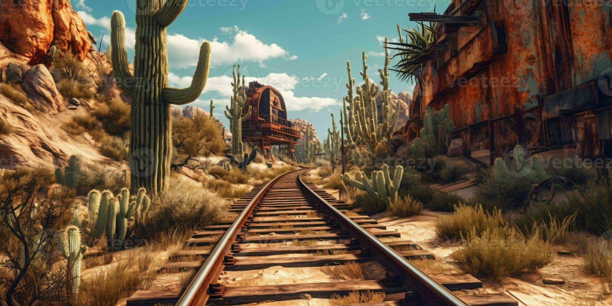 AI generated Rusty Railroad Track on Western Desert. Abandoned Train Track. Generative AI photo