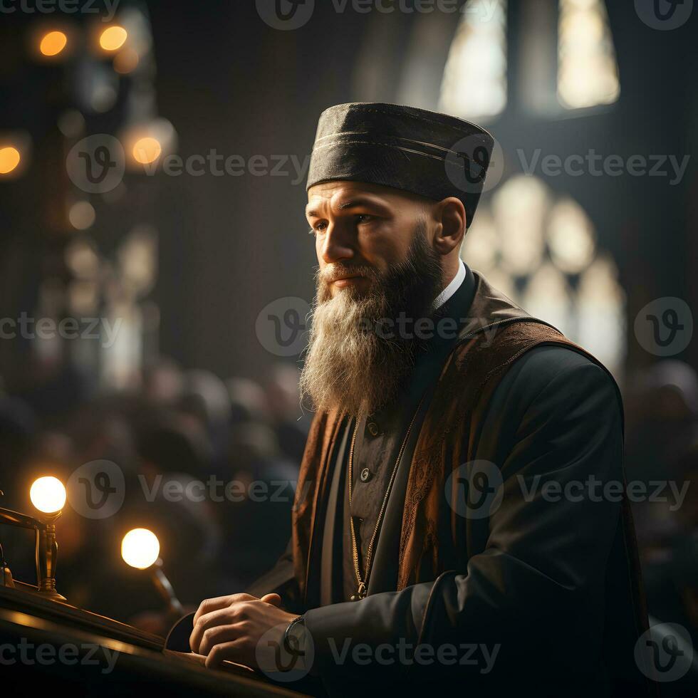 AI generated Islamic Imam Conducts a Sermon at the Mosque. Muslim Imam Preaching to the People in the Mosque. Generative Ai photo