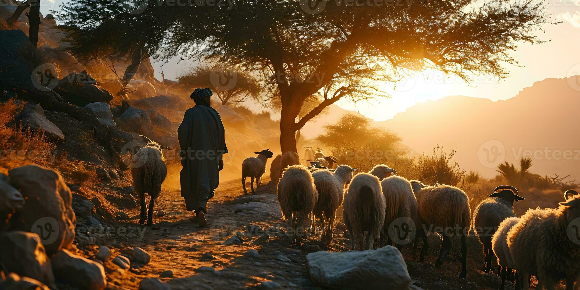 ai generado un medio oriental hombre manadas un rebaño de oveja en un Desierto Valle a puesta de sol. generativo ai foto