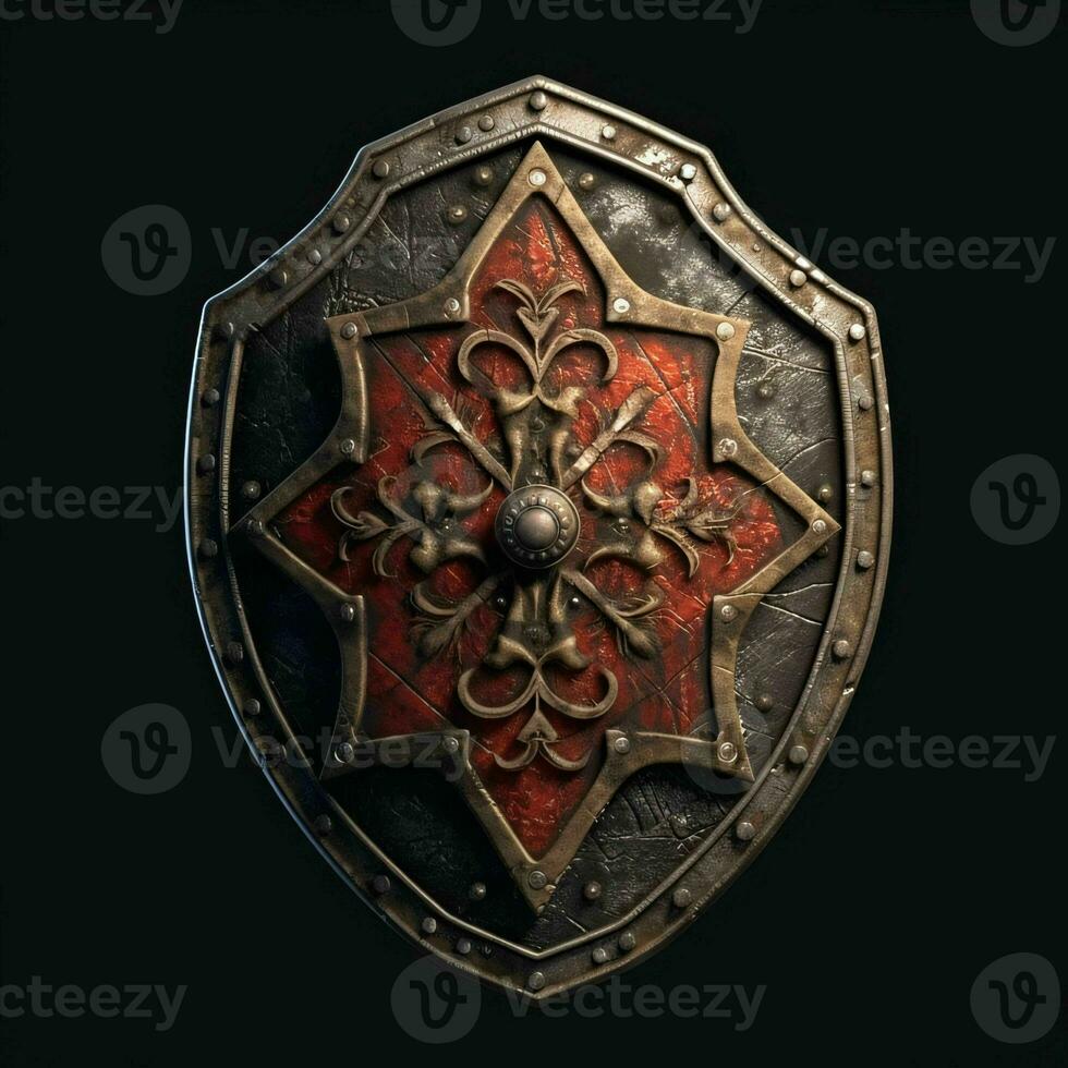 AI generated Rusty Medieval Shield with War Torn Effect Isolated on Black Background. Generative AI photo